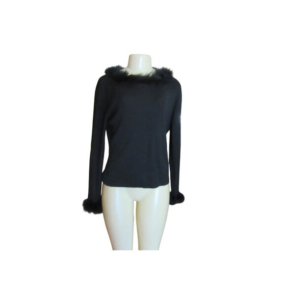 Vintage Cache Black Silk Blend Blouse With Faux Fur Collar & Cuffs Size M - Picture 1 of 7